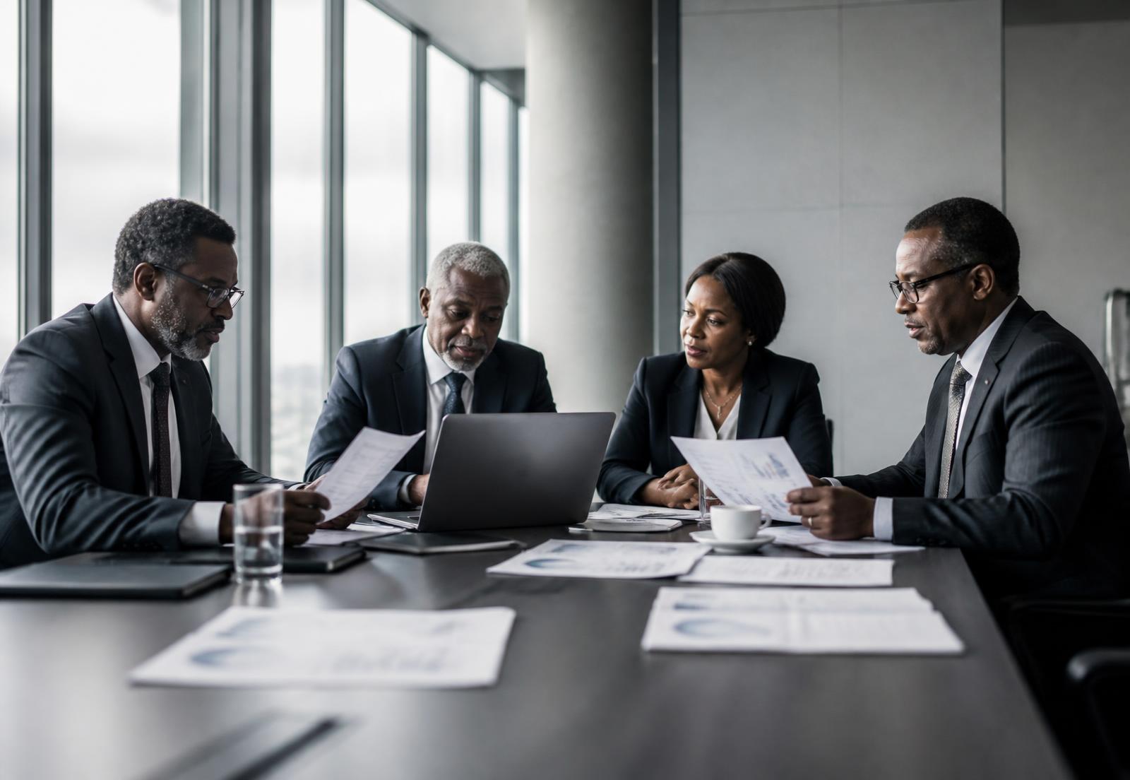Senior professionals reviewing programme monitoring reports in a meeting room